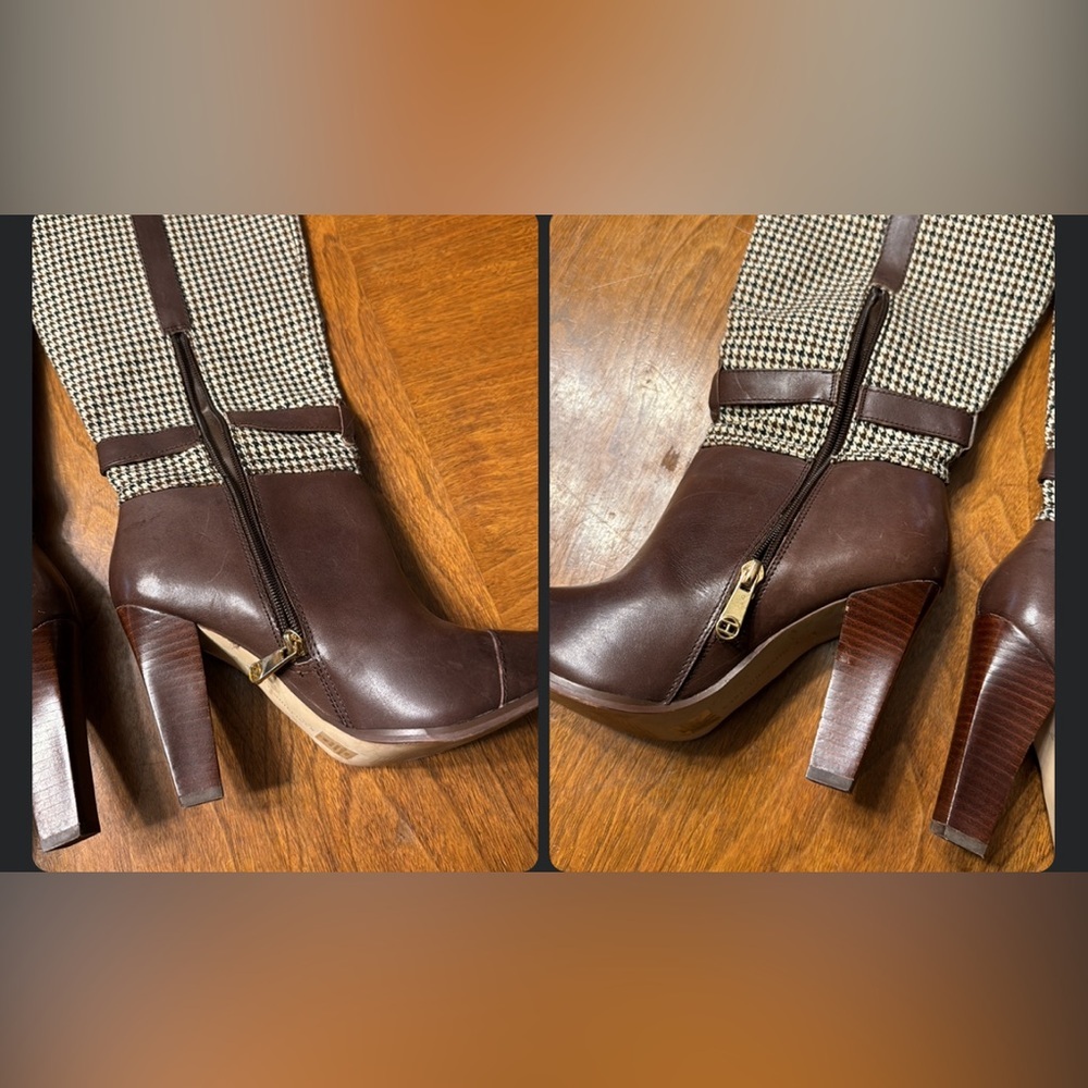 Tommy Hilfiger Frita Brown Leather Houndstooth High Block Heels Tall Boots 8 - Picture 6 of 15